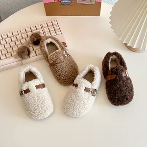 Cozy sherpa-lined toddler walking shoes with decorative buckle strap for autumn winter