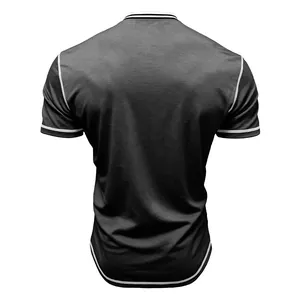 Back view of men's charcoal gray short-sleeve t-shirt with white contrast piping
