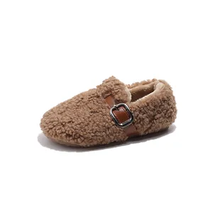 Warm brown curly faux fur baby walking shoes with stylish leather buckle strap detail