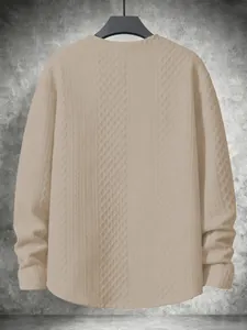 Detailed back view of a beige crew neck sweater featuring intricate textured knit patterns.