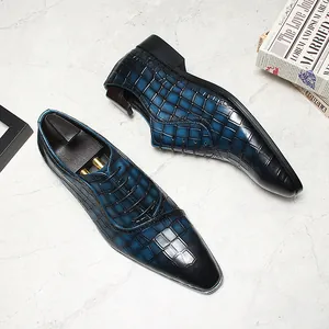 Chaussures Derby élégantes en cuir embossé bleu pour hommes avec bout pointu