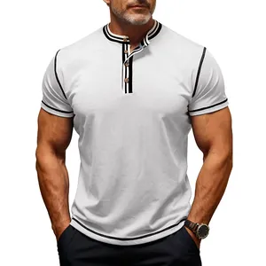 Close-up of a white men's Henley t-shirt featuring black and white striped collar trim