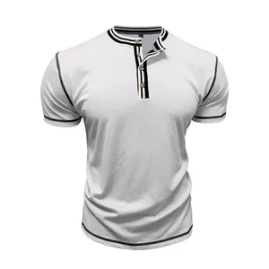 White men's short-sleeved Henley shirt featuring stylish black contrast trim details.