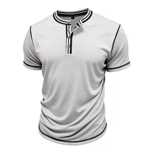 Close-up of a light grey men's Henley T-shirt with black striped collar and placket