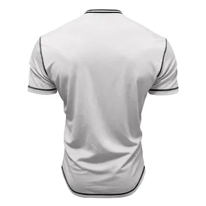 Back view detail of men's white short-sleeve t-shirt with black contrast stitching