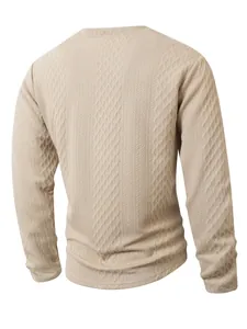 Back view of beige textured long sleeve sweater with diamond pattern detail
