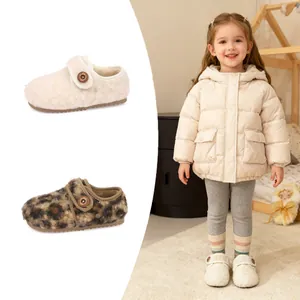Kleinkinder Mädchen Winter Warm Fleece Gefüttert Mokassins Koreanischen Stil Leopardenmuster Cremeweiß Kunstpelz Flache Schuhe Klettverschluss
