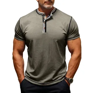Stylish men's olive green short sleeve Henley shirt featuring striped collar and wood buttons