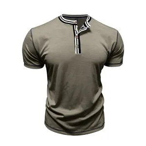 Detailed view of olive green Henley shirt featuring striped collar and button placket