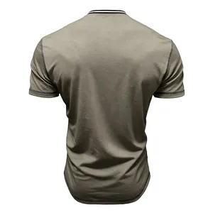 Back view of premium men's short sleeve Henley T-shirt featuring contrast stitching