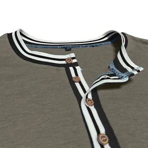 Close-up of the striped collar and button placket of a men's olive Henley T-shirt