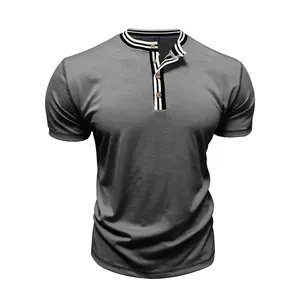 Detailed view of a dark grey men's short-sleeved Henley shirt with a striped collar.