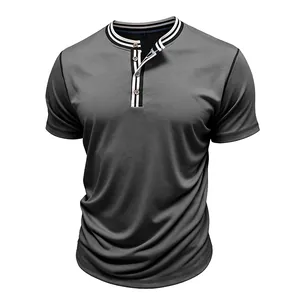 Grey men's short sleeve Henley t-shirt with contrast striped collar and wooden buttons