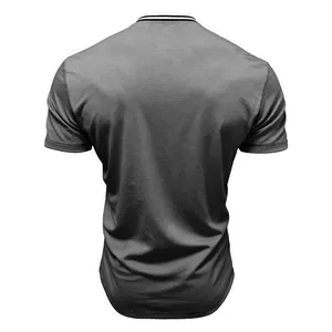 Detailed back view of a grey slim-fit men's t-shirt featuring a striped ribbed collar