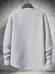 Detailed back view of a white textured striped crew neck long sleeve casual sweatshirt