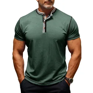 Close-up detail of a green short-sleeved Henley t-shirt with striped collar and buttons