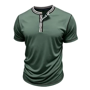 Detailed view of sage green men's short-sleeve Henley shirt with striped collar trim