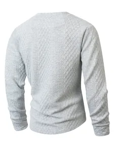 Detailed back view of a grey long sleeve crew neck sweater with textured knit pattern