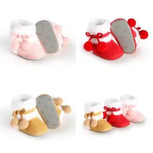 Bottes d'hiver en Peluche pour Bébés Filles Bordure en Fausse Fourrure Nœud Pompon Chaud Semelle Souple Antidérapante