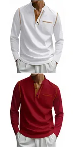 Classic men's long sleeve stand collar polo shirts shown in white and burgundy colors