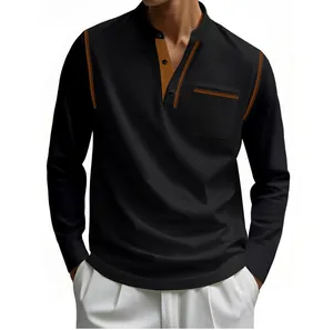 Detail of men's black long-sleeve polo shirt with standing collar and contrast stitching