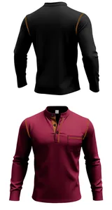Front and back detail view of men's long sleeve stand collar polo shirt in black and maroon