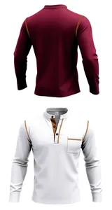 Men's long-sleeved stand collar Polo shirt with chest pocket and contrast stitching