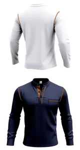 Front and back detail of long-sleeve polo shirt with contrast stitching and chest pocket