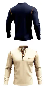 Front and back view of a men's long sleeve standing collar polo shirt with chest pocket