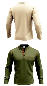 Men's olive green and khaki stand-collar polo shirts with long sleeves and decorative stitching