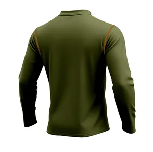 Back view of olive green long-sleeve athletic polo shirt with orange stitching details