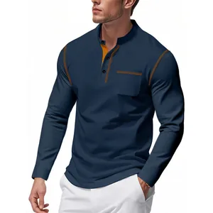 Stylish men's navy blue long sleeve polo shirt with mandarin collar and contrast stitching