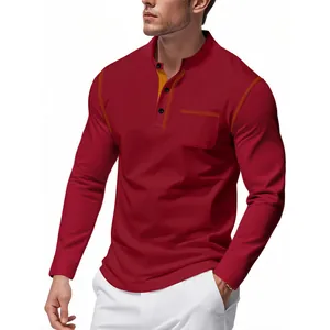 Stylish men's burgundy long-sleeve Henley shirt with stand collar and pocket detail.