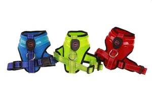 Detailed view of LED dog harnesses in blue, green, and red with power ON/OFF buttons.