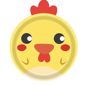 Close-up of a cute yellow cartoon chick disposable paper plate for kids' parties.