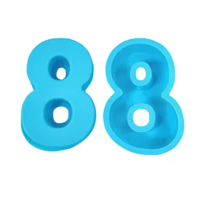 Detail view of a 4-inch blue silicone number 8 mold for cake baking and resin art.
