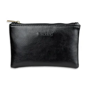 Detailed close-up shot of a high-quality black PU leather tobacco pouch with logo