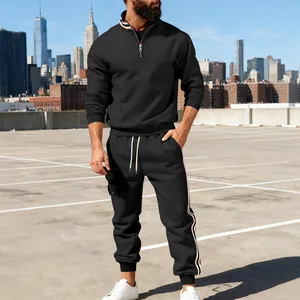 Men's black sweatshirt and jogger set with trendy side stripes and quarter zip