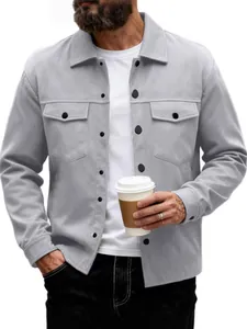 Luxe casual lichtgrijze slim-fit herenjas met knoopsluiting en opgestikte borstzakken