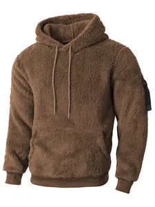 Brauner Herren-Kapuzenpullover aus dickem Fleece mit warmem Teddy-Futter und Tasche.