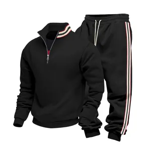 Men's heavy black tracksuit set with striped stand collar and side panels