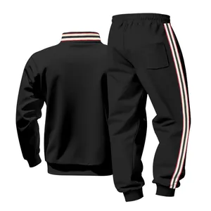 Back view of men's heavy black tracksuit featuring stylish red and cream side stripes