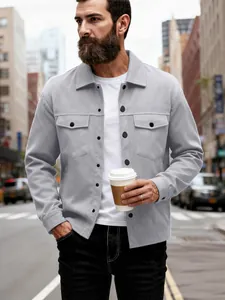 Casual herenjas met reverskraag, enkele rij knopen, slim fit, grijs met borstzakken