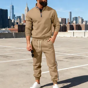 Men's heavyweight khaki tracksuit featuring striped ribbon detail and stand collar quarter zip