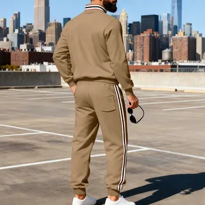 Back view of men's khaki heavy-duty tracksuit with stylish side stripes and stand collar