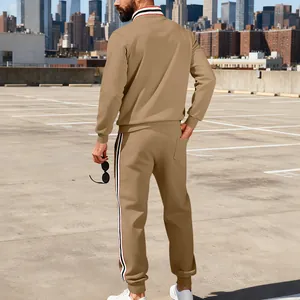 Back view of men's khaki heavyweight sweatshirt set with side stripe detail