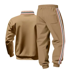 Heavyweight khaki men's athletic tracksuit set with iconic tri-color side stripe detail