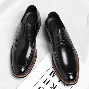 Zapatos Derby de cuero negro pulido para hombre, estilo formal de negocios con suela marrón