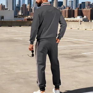 Back view of men's heavy grey stand-collar tracksuit with contrast striped ribbon