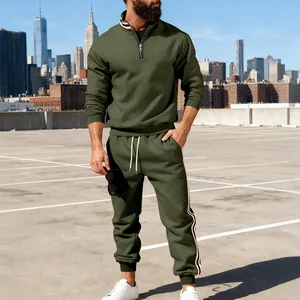 Men's olive green heavy tracksuit with half-zip collar and contrast side stripes